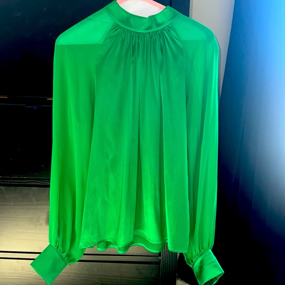 GENERATION LOVE Winona Silk Puff-sleeve Blouse Kelly Green New